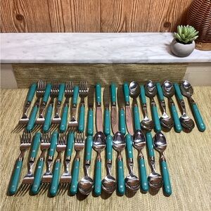 Vintage Riveted Teal Stainless Steel Cutlery Set 36 pieces made in Korea